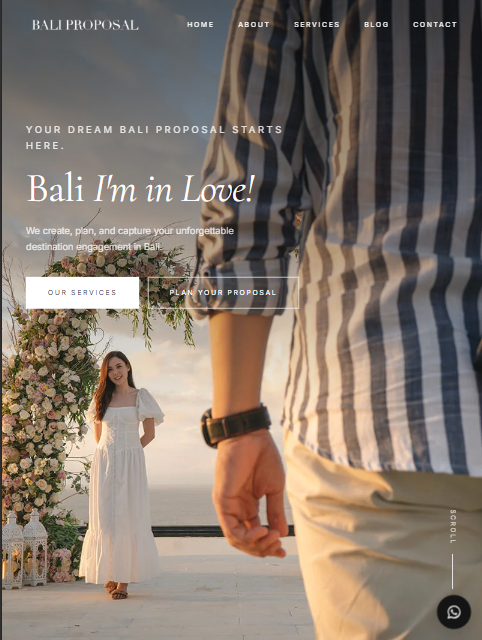 Bali Proposal website homepage: a man holding a ring box behind his back while a woman in a white dress waits by a flower arch at sunset
