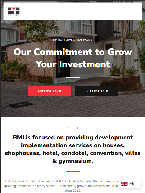 BMI Group website homepage: a modern townhouse in Bali with the headline 'Our Commitment to Grow Your Investment'