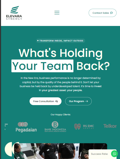 Elevara Synergy website homepage: green hero 'What's Holding Your Team Back?' with a group training session photo