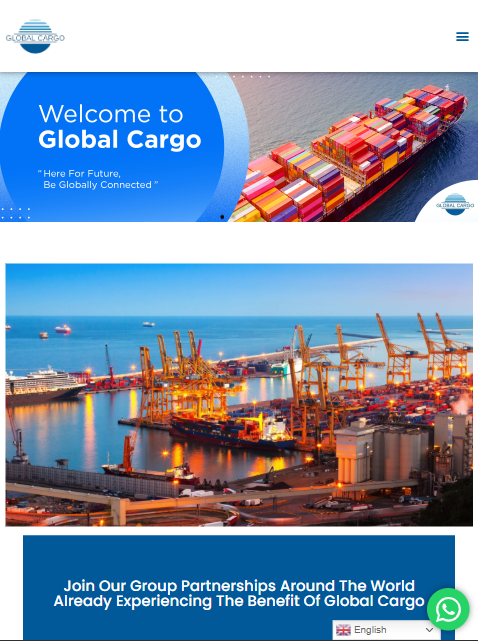 Global Cargo website homepage: 'Welcome to Global Cargo' beside an aerial photo of a container ship