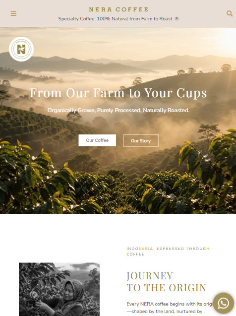 Nera Coffee website products page: olive header with drip coffee and ground bean packs for Bali Bluemoon and Gayo