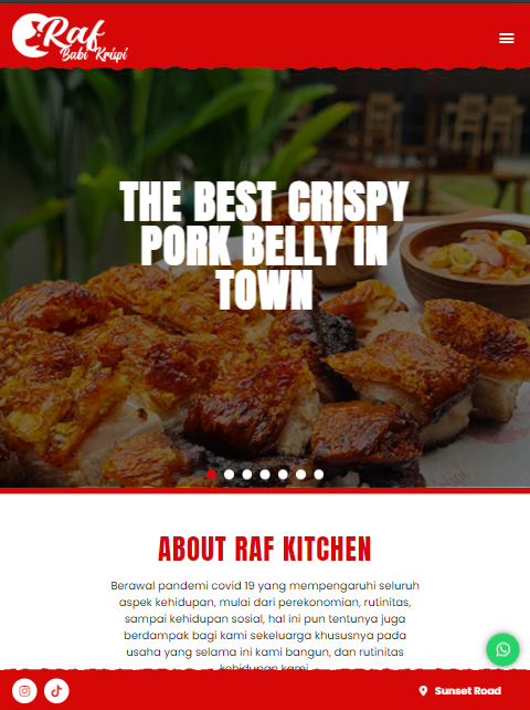 Raf Babi Krispi website homepage: red header and a hero of glazed grilled pork ribs with the headline 'Taste Our Grilled Pork Ribs'
