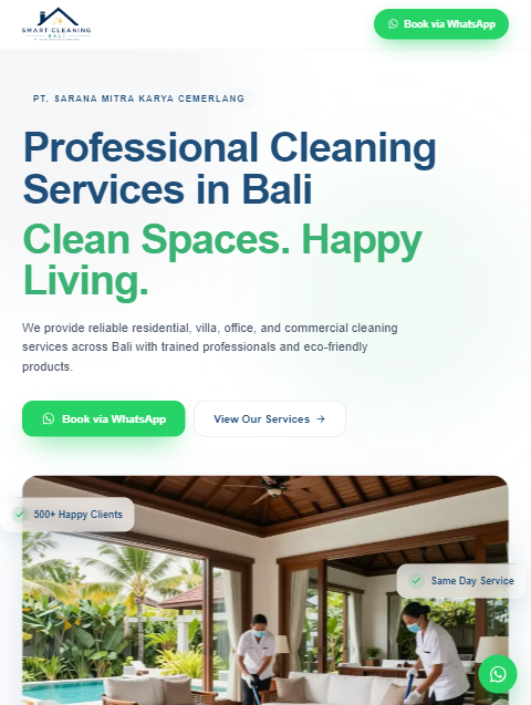Smart Cleaning Bali website homepage: 'Professional Cleaning Services in Bali' with staff cleaning a villa living room